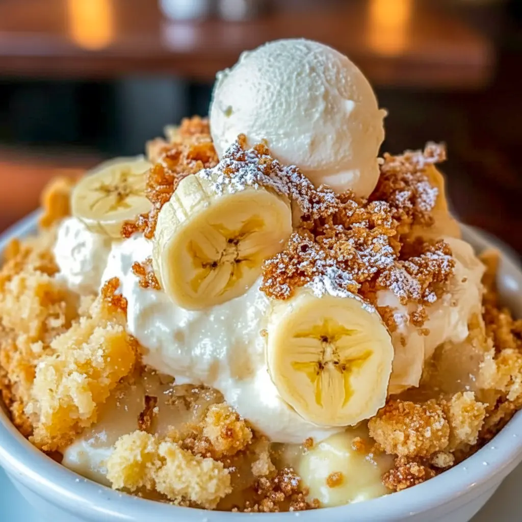 Freshly baked Southern Banana Cobbler in a square dish with a pecan streusel crust, showing How To Make Banana Cobbler.