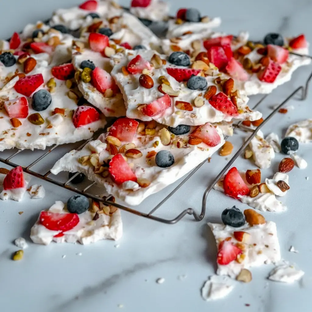 A sheet of Frozen Yogurt Bark topped with berries and nuts for a refreshing, crunchy, and colorful dessert.