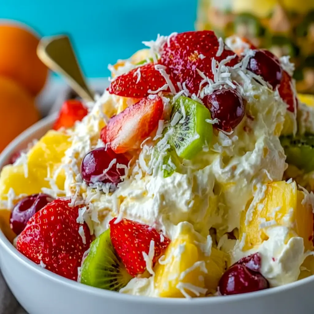 A bowl of Hawaiian Cheesecake Salad with pineapple, strawberries, kiwi, raspberries, and toasted coconut in a creamy cheesecake filling.