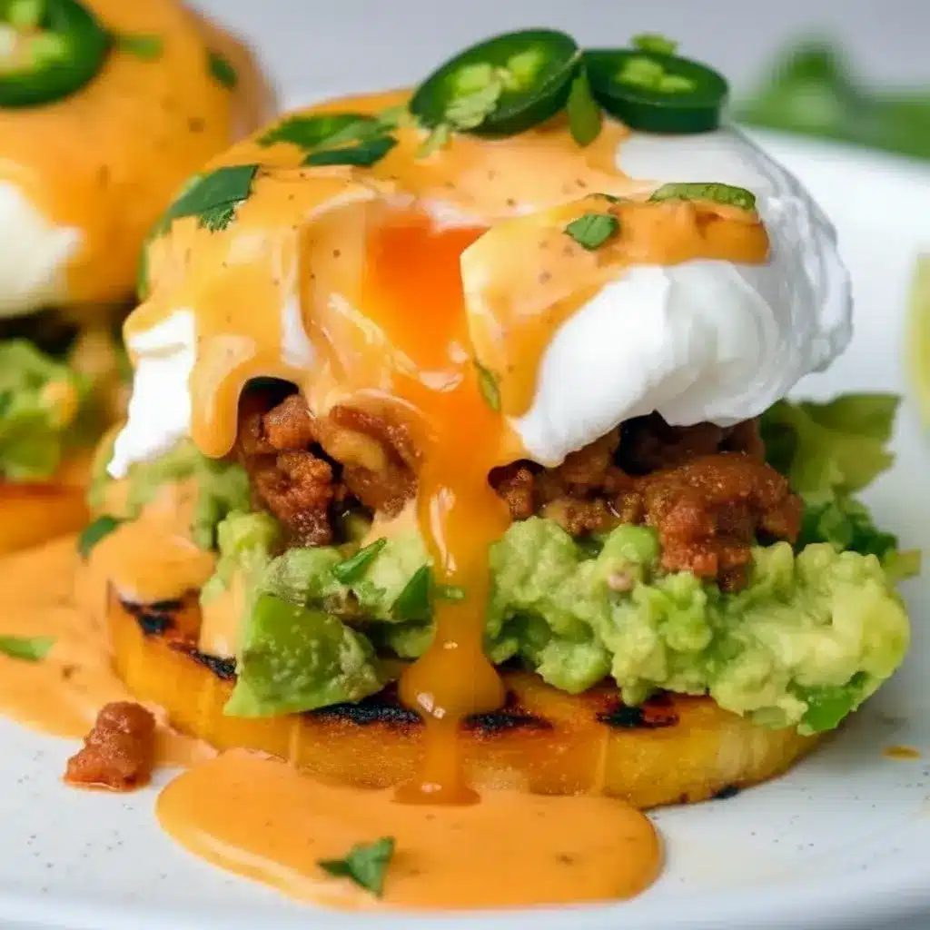 A colorful plate of Mexican Eggs Benedict topped with spicy chorizo and jalapeños, perfect for Breakfast Ideas Chorizo fans who love a hearty morning meal.