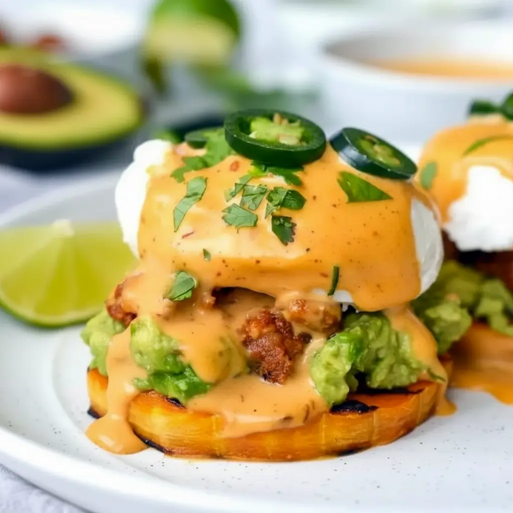 Mexican Eggs Benedict with creamy avocado and smoky chipotle sauce, styled as one of those Spicy Breakfast Ideas that makes brunch feel extra special.
