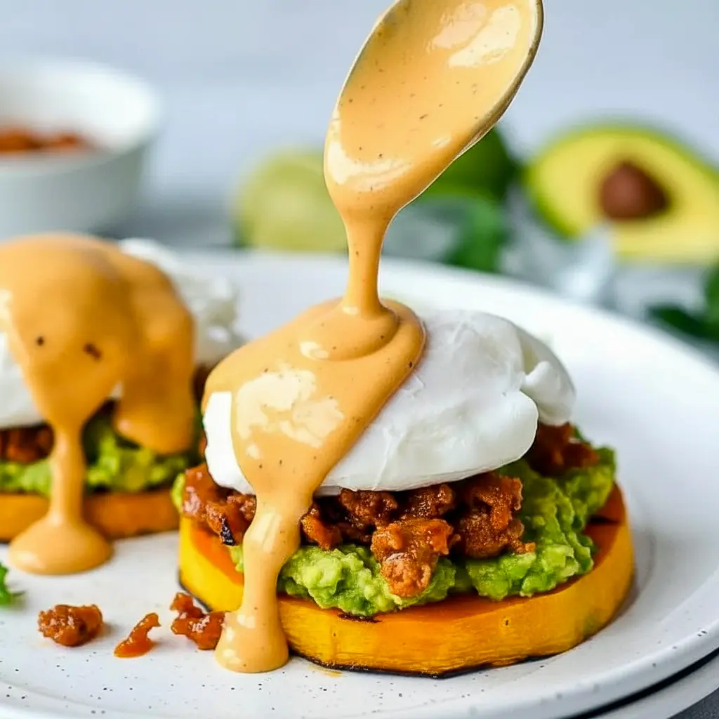 Mexican Eggs Benedict served on roasted sweet potato rounds instead of bread, giving a fresh twist on Eggs Benedict On Biscuit style comfort food.
