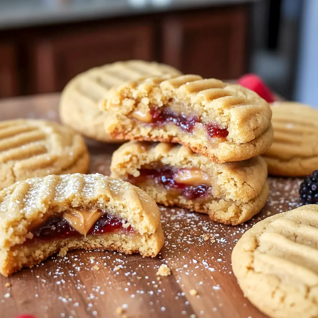 Plate of Peanut Butter and Jelly Stuffed Cookies with a soft peanut butter base, ideal for Pbj Desserts and easy Peanut Ideas.