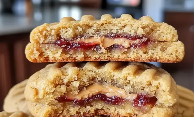 Tray of Peanut Butter and Jelly Stuffed Cookies with a soft, chewy center and a gooey jam filling, styled as a Soft Peanut Butter Cookie Recipe.