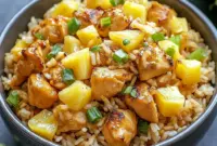 A skillet of Pineapple Chicken and Rice with juicy pineapple, tender chicken, red bell pepper, green onions, and sesame seeds for a colorful one-pan dinner.
