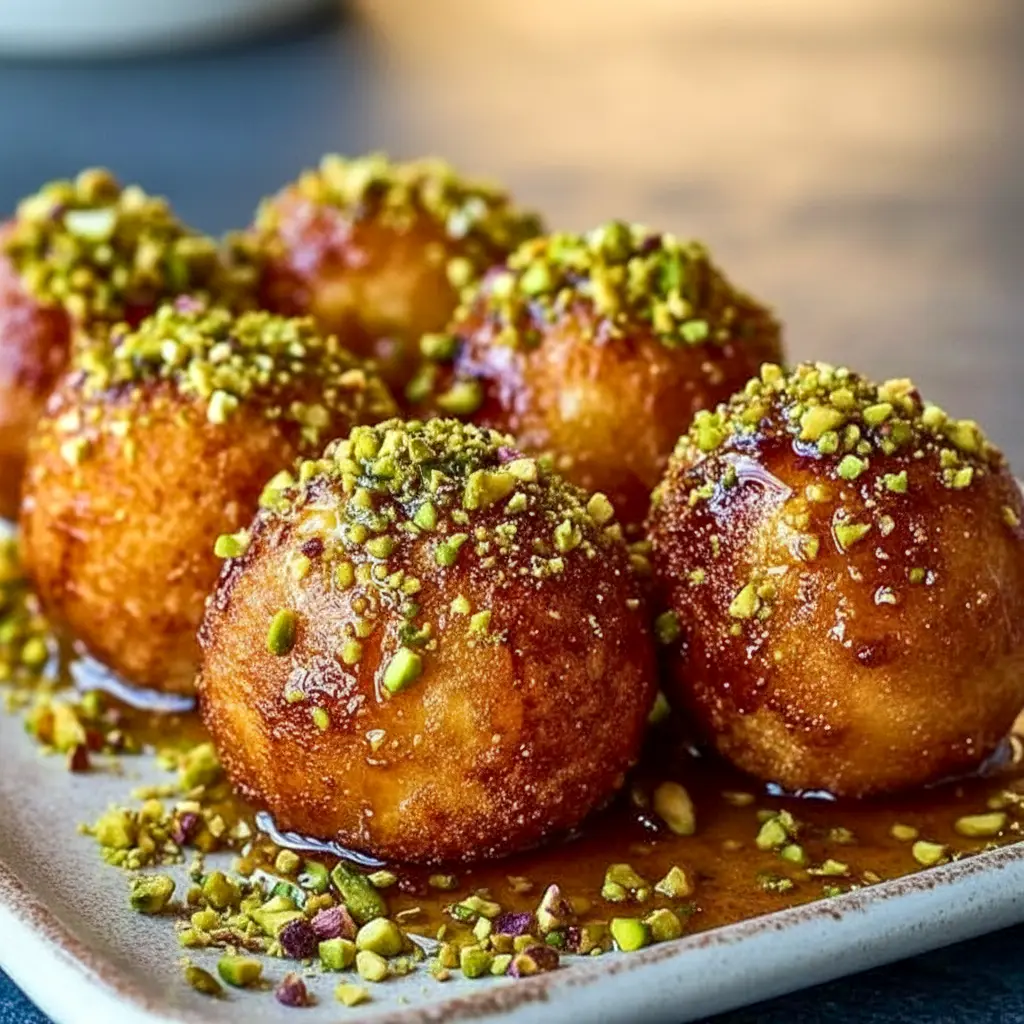 A platter of Ricotta Pistachio Honey Bites topped with chopped pistachios and honey drizzle, styled as a creamy, elegant appetizer for New Years Foods.