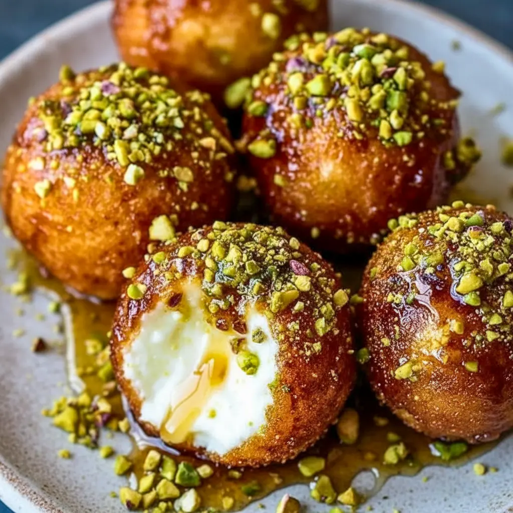 A platter of Ricotta Pistachio Honey Bites topped with chopped pistachios and honey drizzle, styled as a creamy, elegant appetizer for New Years Foods.