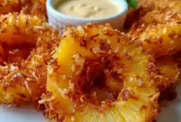 Fried Pineapple rings with a crispy coconut coating and rum-infused dipping sauce, a delicious choice for Pineapple Recipes, Fruit Recipes, and festive Appetizer Snacks.