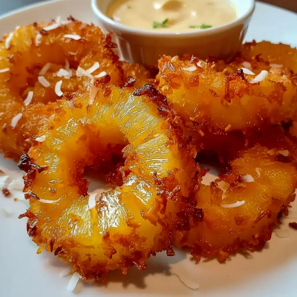 Fried Pineapple rings with a crispy coconut coating and rum-infused dipping sauce, a delicious choice for Pineapple Recipes, Fruit Recipes, and festive Appetizer Snacks.