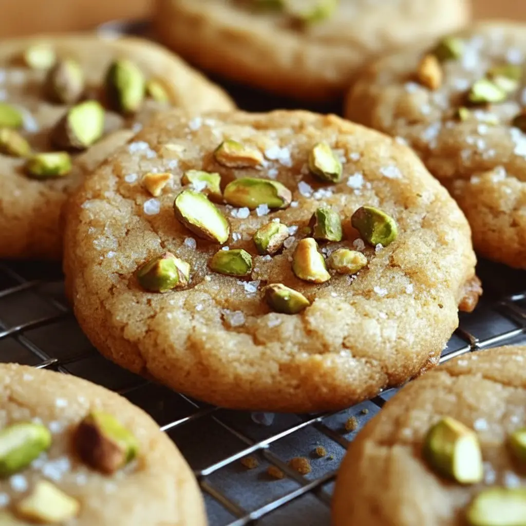 A stack of Salted Honey Pistachio Cookies with a soft chewy center and golden edges, perfect for anyone craving Honey Pistachio Cookies.