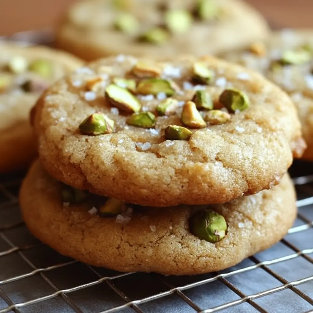 A bakery-style display of Salted Honey Pistachio Cookies with white chocolate chips, made for fans of Pistachio Cookie Recipes and sweet-salty treats.