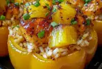 Teriyaki Pineapple Chicken and Rice Stuffed Peppers served in bright bell peppers with a fresh dinner presentation, perfect for Healthy Meals For 4.