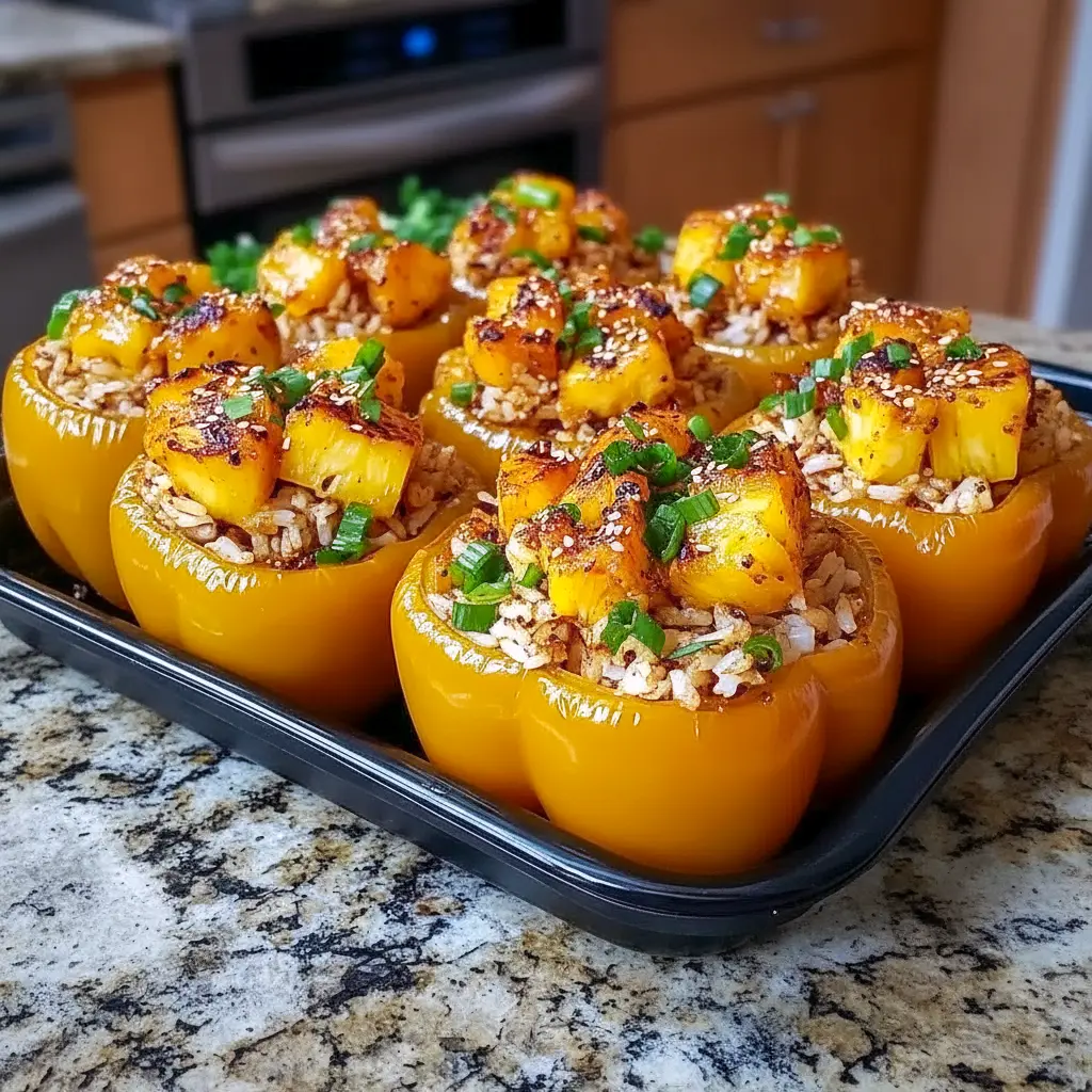 Teriyaki Pineapple Chicken and Rice Stuffed Peppers with melted cheese and fresh garnish, a tasty choice for Dinner Ideas Light and Healthy Tasty Dinner Recipes.