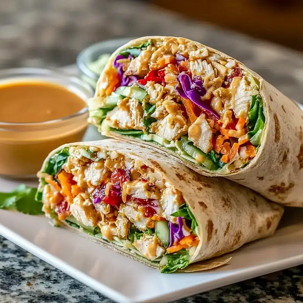 Thai Peanut Chicken Wraps with creamy peanut sauce, tender chicken, crisp vegetables, and fresh herbs wrapped in a soft tortilla for a colorful lunch.
