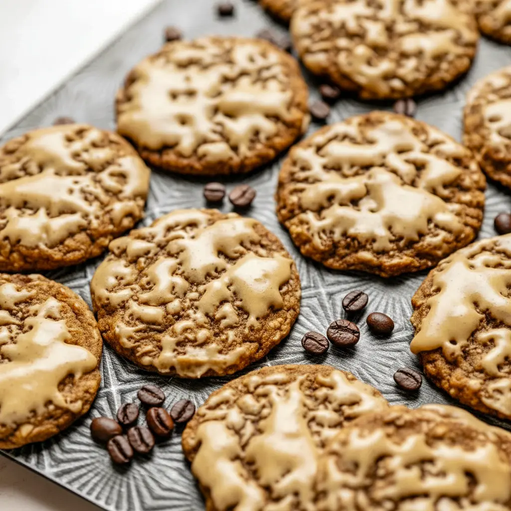 A cozy plate of Oatmeal Latte Cookies topped with glossy espresso icing, styled as a Vanilla Brown Sugar Oatmeal Latte Cookie treat for coffee lovers.
