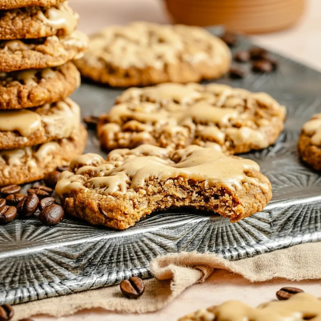 A cozy plate of Oatmeal Latte Cookies topped with glossy espresso icing, styled as a Vanilla Brown Sugar Oatmeal Latte Cookie treat for coffee lovers.