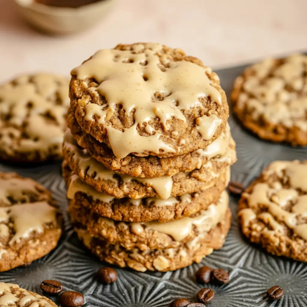 A cozy plate of Oatmeal Latte Cookies topped with glossy espresso icing, styled as a Vanilla Brown Sugar Oatmeal Latte Cookie treat for coffee lovers.