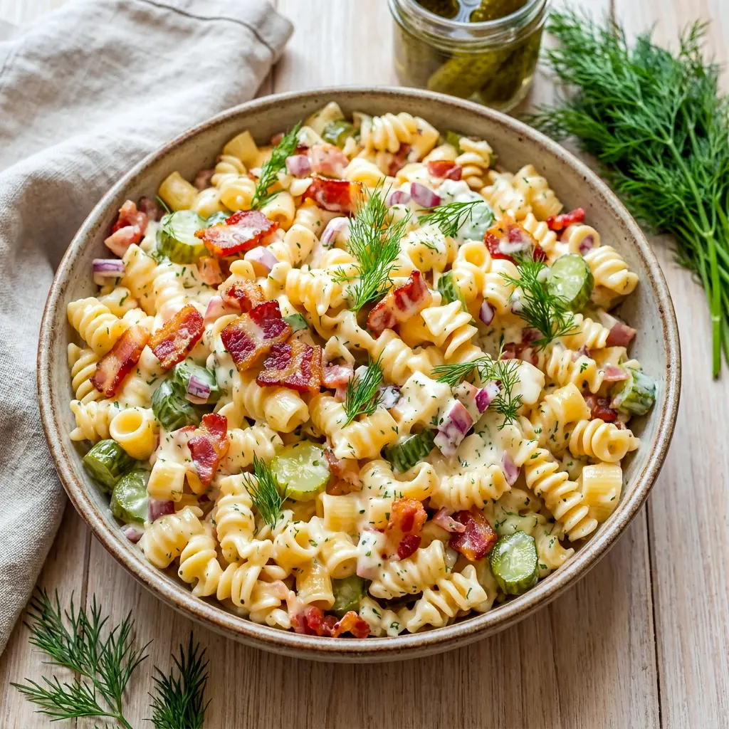 A chilled serving of Dill Pickle Bacon Pasta Salad styled as one of the best Pickle Themed Foods for summer gatherings.