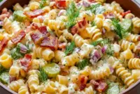 Dill Pickle Bacon Pasta Salad in a creamy bowl with crunchy bacon and Fun Salad Recipe appeal for parties.