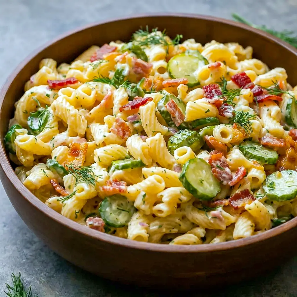A colorful bowl of Dill Pickle Bacon Pasta Salad with crispy bacon and noodles, ideal for Crispy Pasta Salad Recipes lovers.