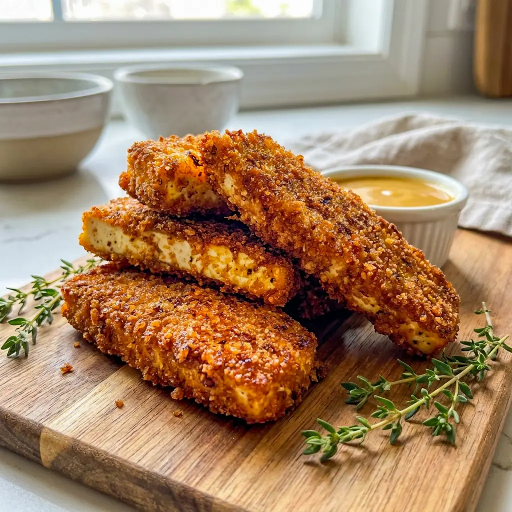 Honey Mustard Tofu Tenders with a crunchy coating and sweet glaze, making a delicious Crispy Honey Tofu snack.