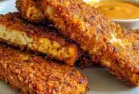 A crispy tray of Honey Mustard Tofu Tenders baked to golden perfection for Fast Easy Vegetarian Meals.