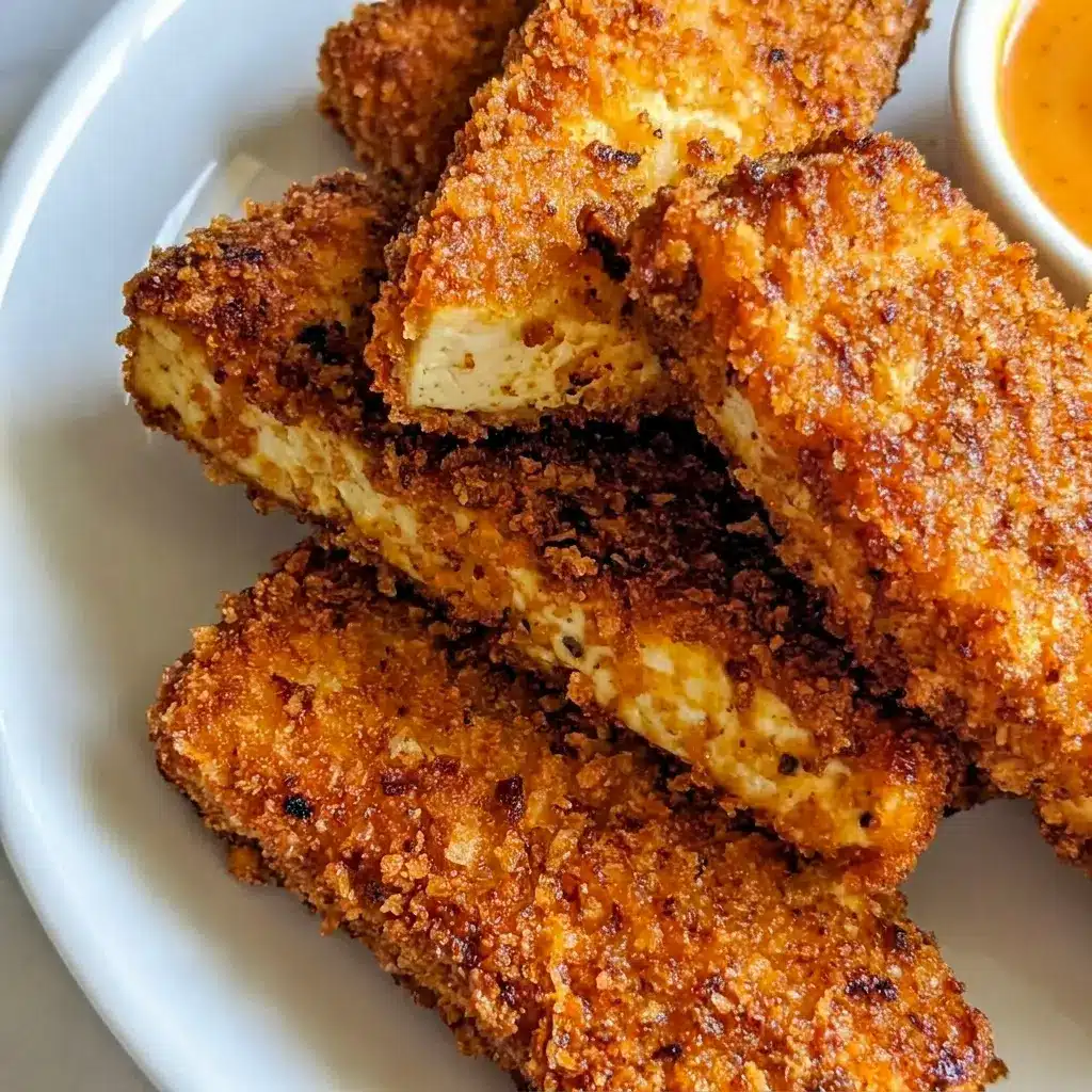 Golden Honey Mustard Tofu Tenders served hot on a plate, perfect for Easy No Meat Dinners.