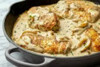 Sour Cream and Onion Chicken served in a creamy skillet, making an easy Low Carb Dinner for busy nights.