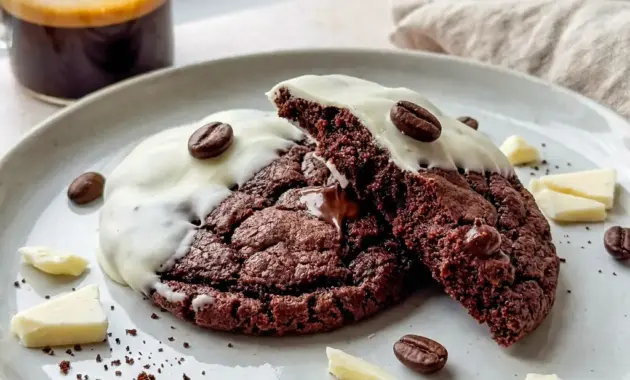 Espresso Martini Cookies with white chocolate drizzle for stylish Unique Homemade Cookies.