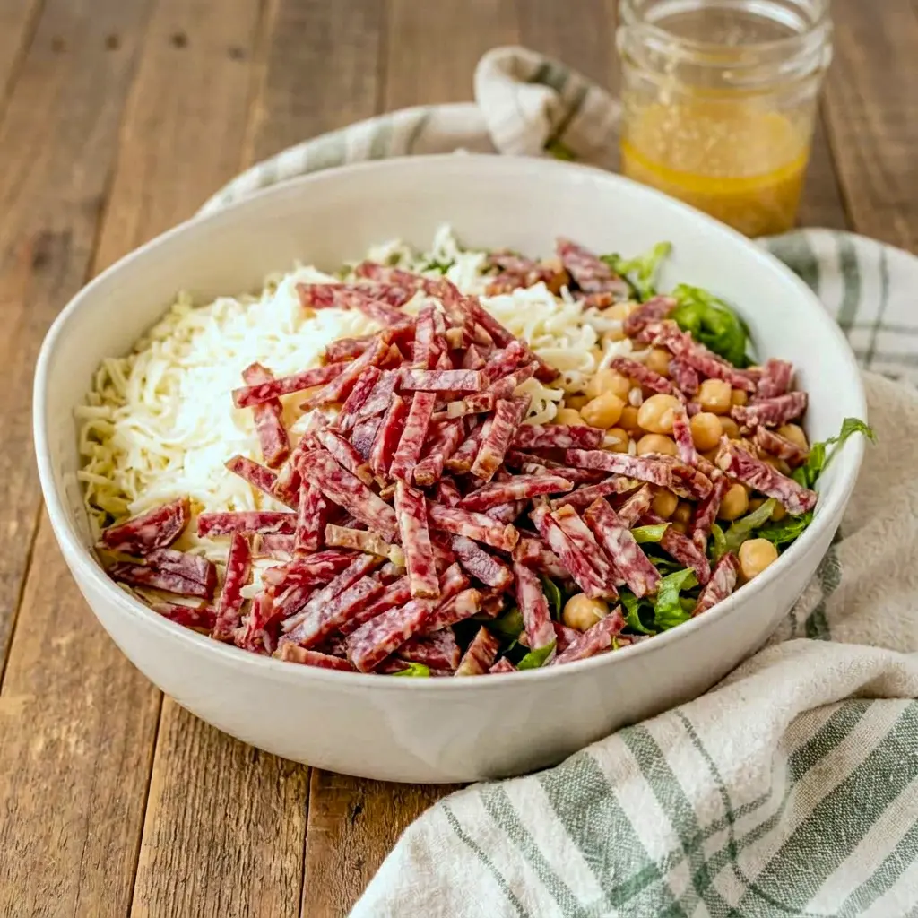 A hearty plate of Famous La Scala Chopped Salad beside soup, perfect for a classic Soup And Salad dinner.