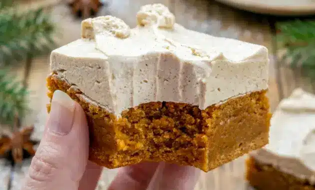 A festive tray of Frosted Gingerbread Brownies with creamy topping, styled as Gingerbread Bars With Frosting for a holiday dessert board.