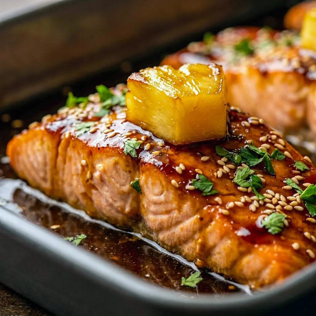 Honey Pineapple Glazed Salmon topped with caramelized pineapple for a sweet and spicy Pineapple Sweet Chili Salmon look.