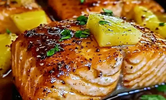Honey Pineapple Glazed Salmon plated with fresh lime and a bright Hawaiian Salmon finish.