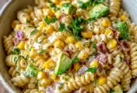 Mexican Street Corn Pasta Salad is a colorful Potluck Items To Bring idea with creamy dressing, corn, and cotija cheese.