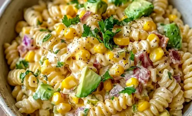 Mexican Street Corn Pasta Salad is a colorful Potluck Items To Bring idea with creamy dressing, corn, and cotija cheese.