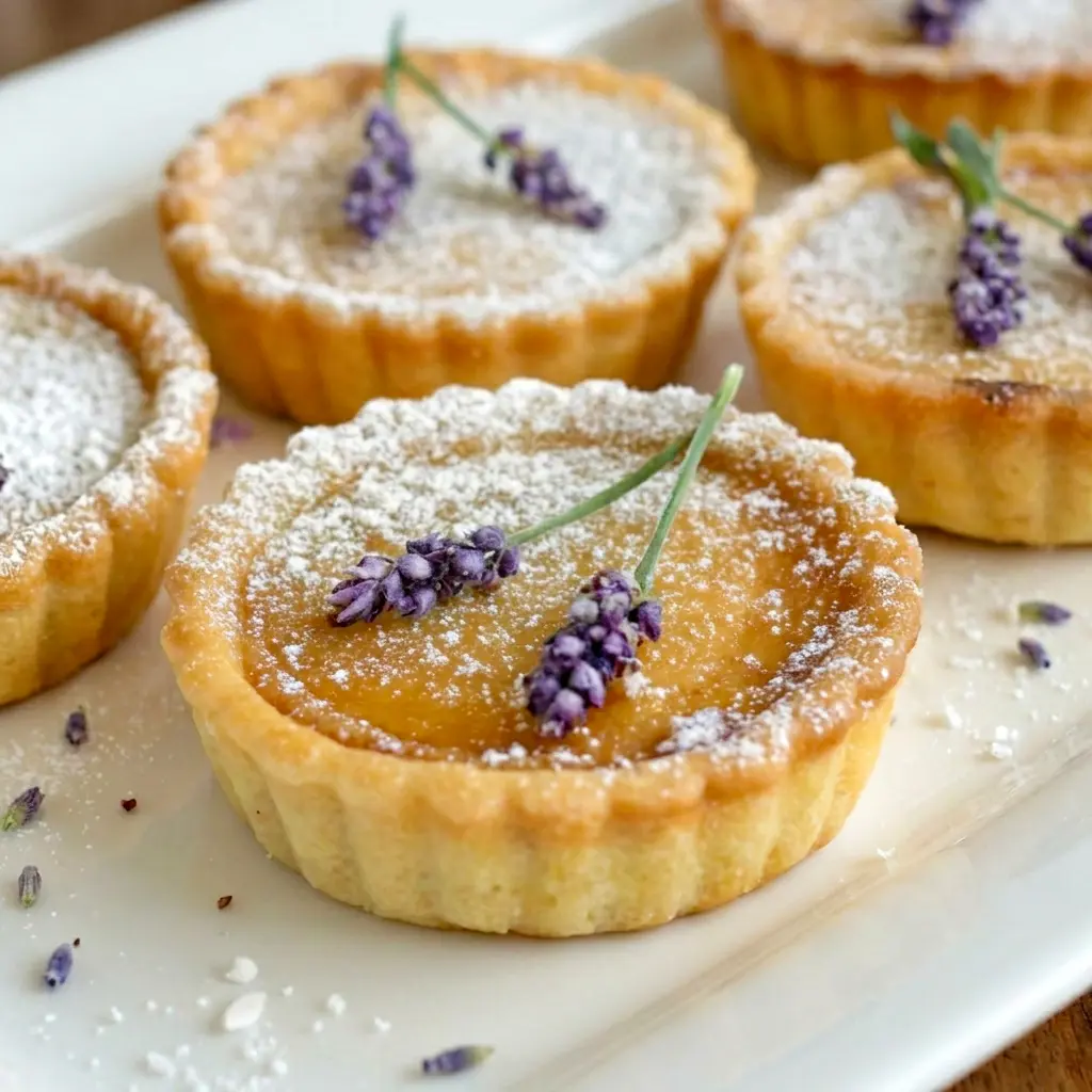 Mini Salted Honey Lavender Pies finished with honey drizzle and sea salt, a lovely Just Desserts idea.