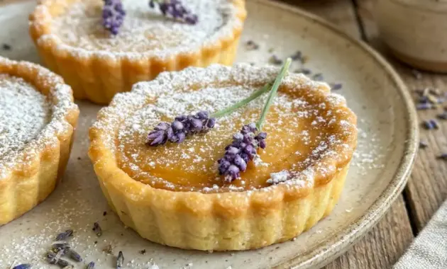 Mini Salted Honey Lavender Pies styled on a tea tray with a soft Lavender Recipes aesthetic.