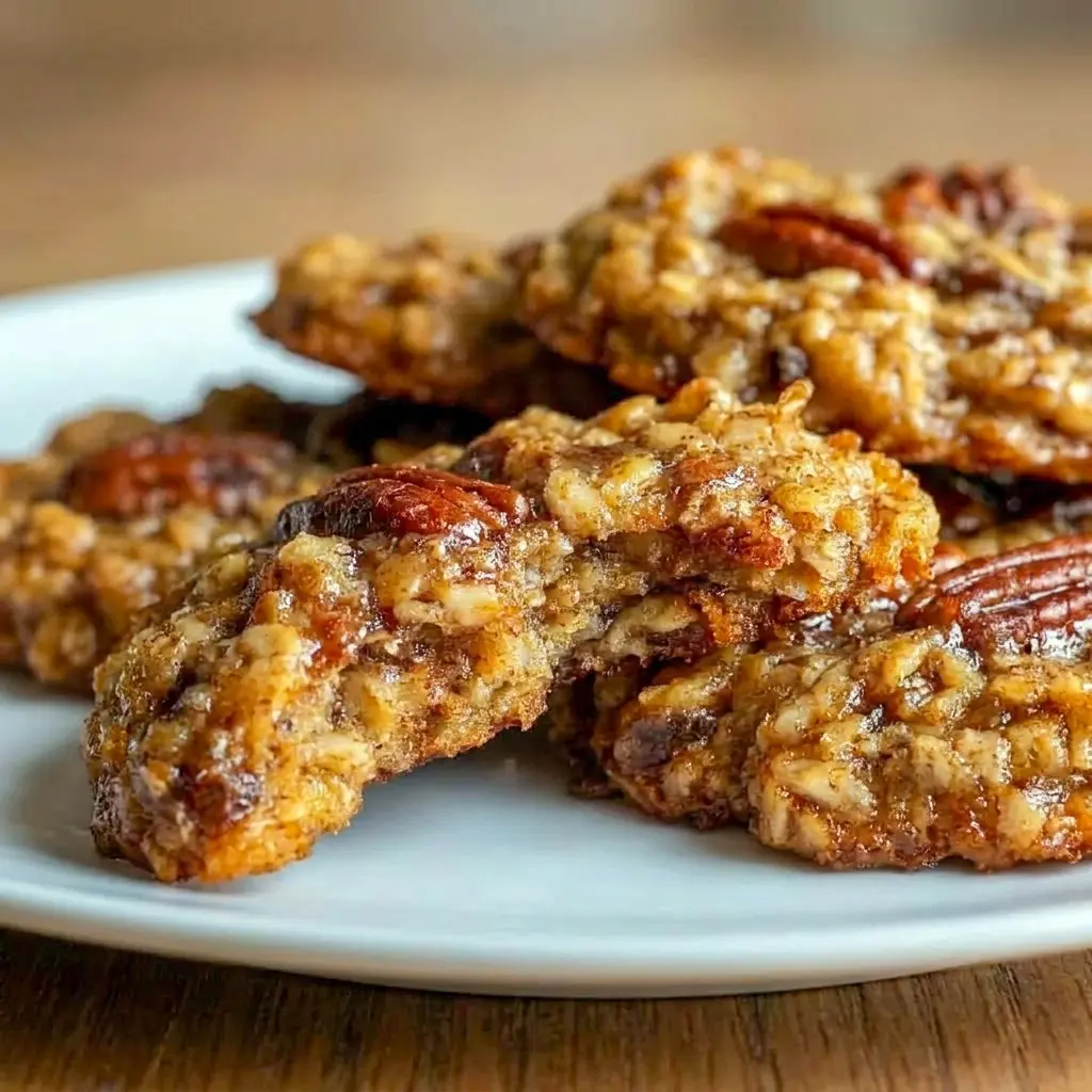 Freshly baked Pecan Pie Oatmeal Cookies with golden edges, featured as Pecan Desserts Easy for festive dessert trays.