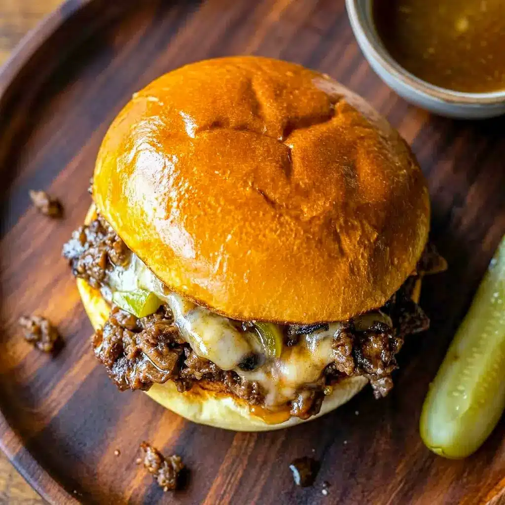Close-up of Philly Cheesesteak Sloppy Joes on brioche buns, perfect for Cheap Suppers that still feel hearty and satisfying.