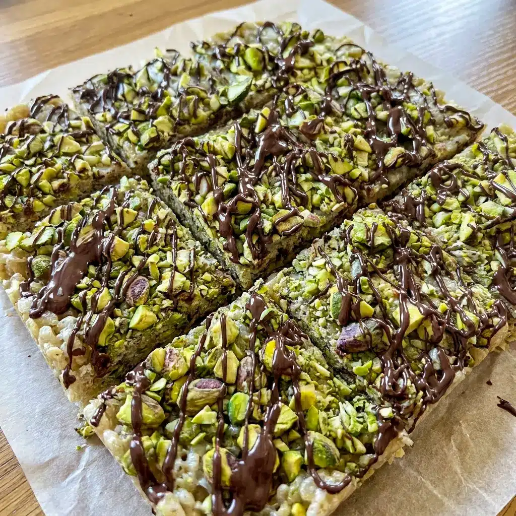 Pistachio and White Chocolate Rice Krispies Treats are a fun take on Pistachio Pudding Rice Krispie Treats with a glossy, bakery-style finish.