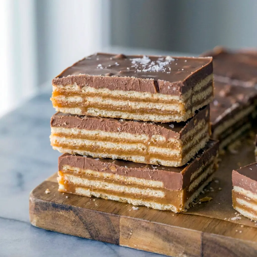Salt River Bars cut into rich bars for a decadent Ritz Bars inspired dessert with creamy chocolate and caramel.