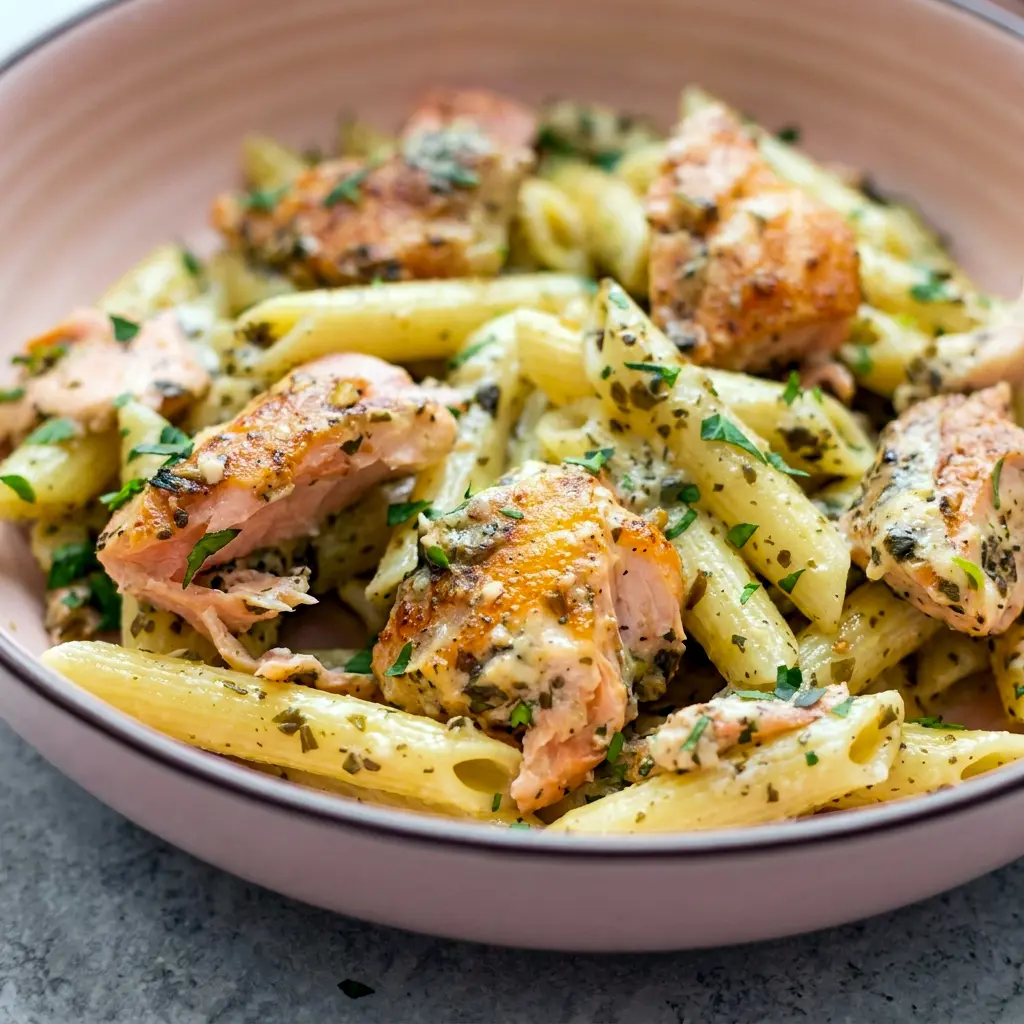 Salmon Pesto Pasta plated with parmesan for simple Pescatarian Recipe inspiration.