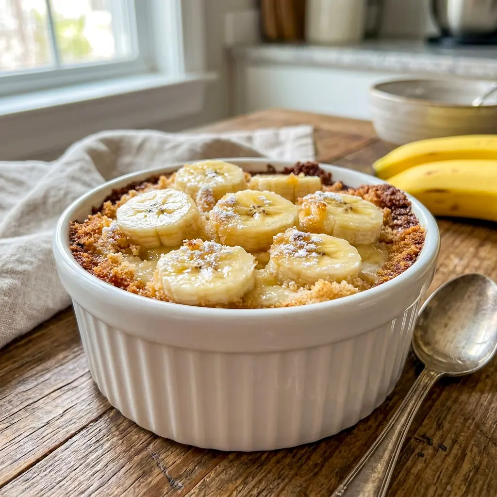 A rustic bowl of Southern Banana Cobbler with melting vanilla ice cream, inspired by Southern Desserts Recipes and old-fashioned comfort.