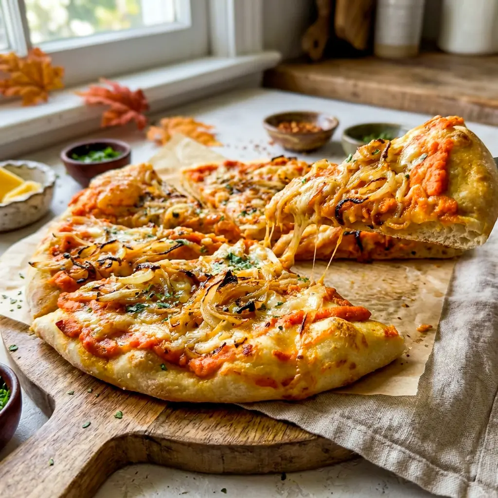 5 Ingredient Pumpkin Gouda Pizza shows How To Make Fall Pizza with simple ingredients, caramelized onions, and rich gouda cheese.