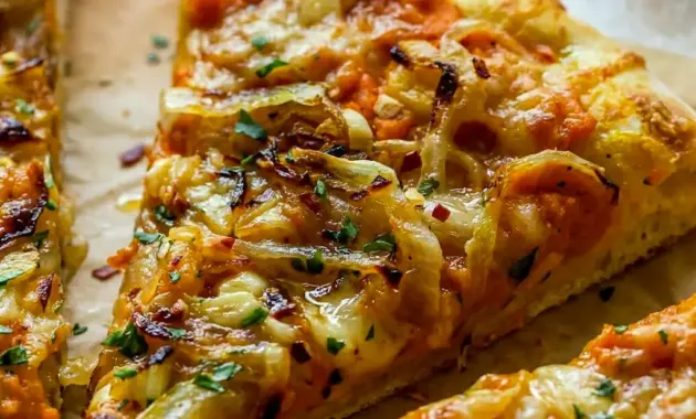 5 Ingredient Pumpkin Gouda Pizza with Easy Fall Pizza Recipes vibes, topped with caramelized onions and melty cheese for a cozy autumn dinner.