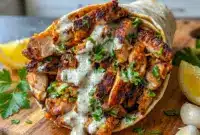 Chicken Shawarma with Garlic Sauce served as a flavorful Cuisine Recipe with tender spiced chicken and creamy sauce.