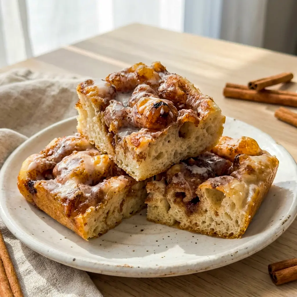 Cinnamon Roll Focaccia drizzled with vanilla icing, a playful example of Unique Baking Ideas Fun for sweet bread lovers.