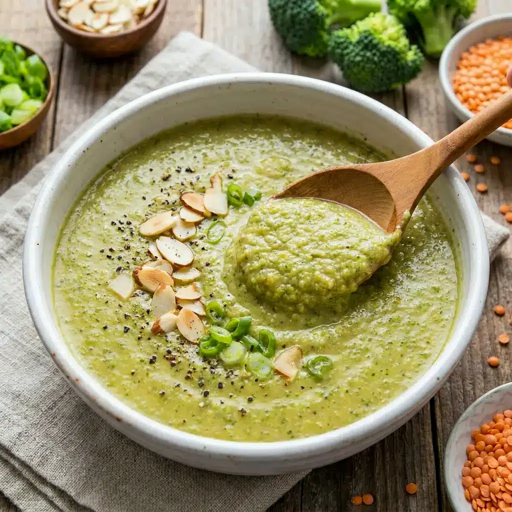 Creamy Broccoli and Red Lentil Soup with a rustic, nourishing look that fits Creamy Broccoli + Red Lentil Soup (vegan) meal inspiration.
