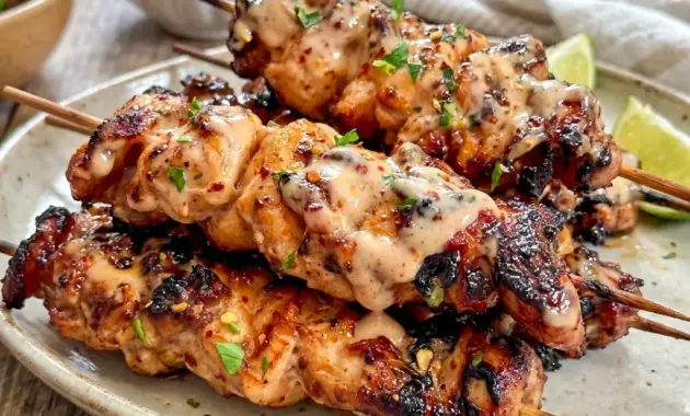 Bang Bang Chicken Skewers served hot on a plate, making a quick and tasty choice for 30 Minute Dinner Recipes Healthy.
