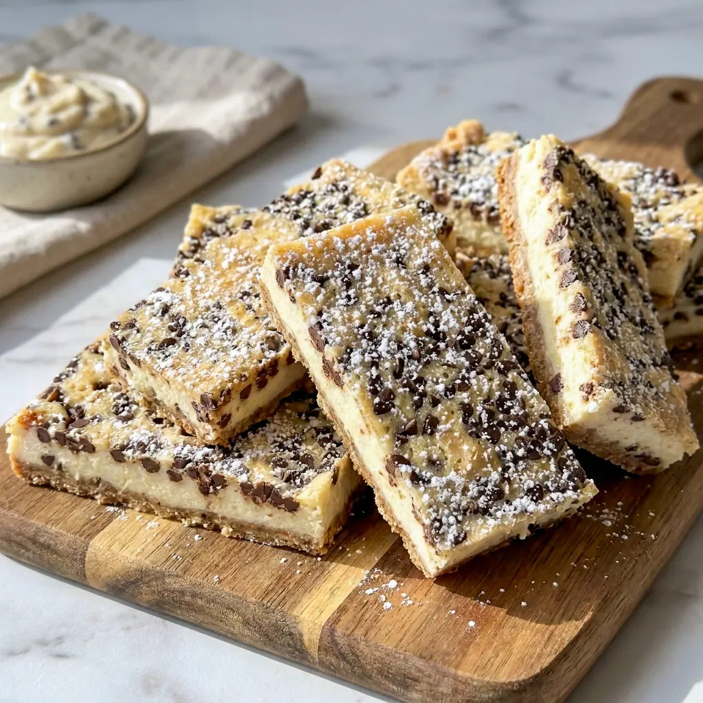 A close-up of Cannoli Cheesecake Bars with a sweet crumb crust, the perfect Italian Recipes Dessert for special occasions.